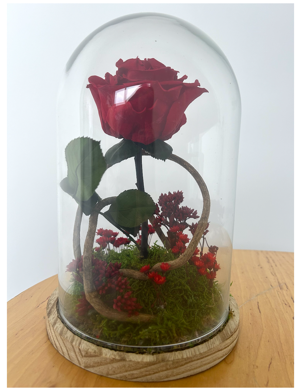 Composition florale sous cloche avec rose rouge