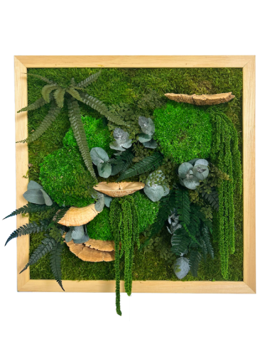 Tableau rond végétal avec feuillages verts et écorce de bois