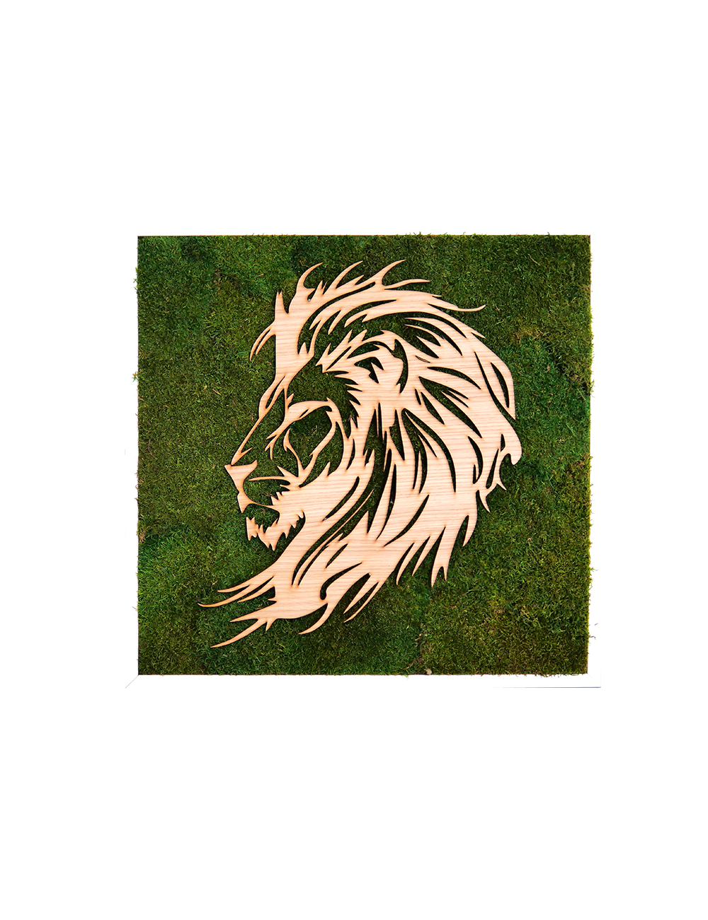 Tableau végétal avec une tête de lion en bois