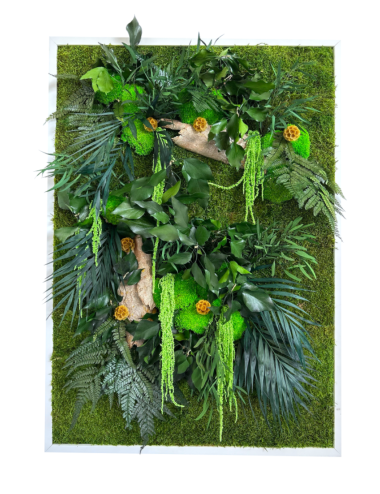 Tableau végétal vert avec écorces de bois