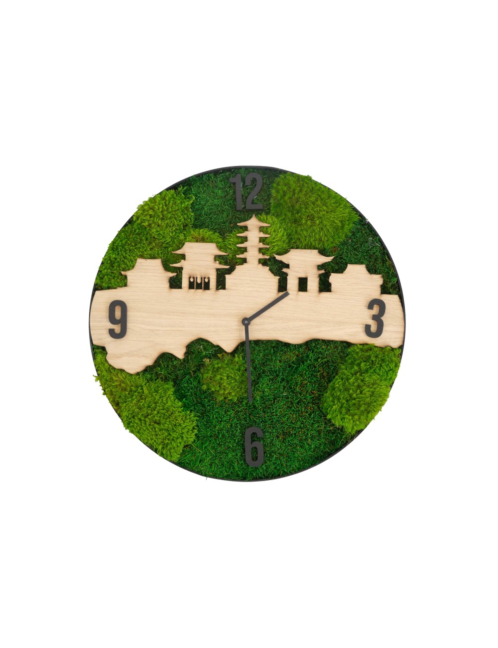 Horloge végétale avec feuillage vert et bois